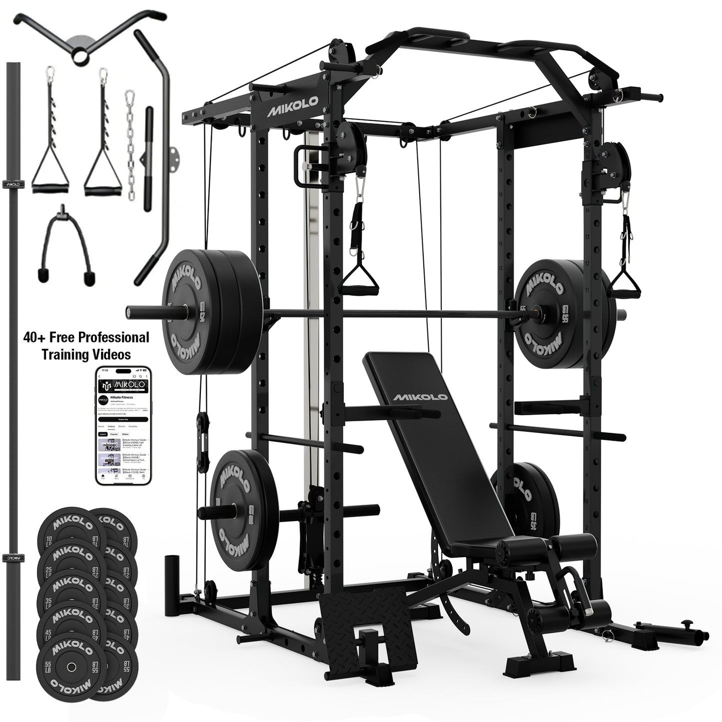 Mikolo Power Rack Cage, 1500LBS Weight Cage with 800LB Capacity Adjustable Weight Bench, 1500LB Capacity Barbell and 230LB Weight Plate set Red
