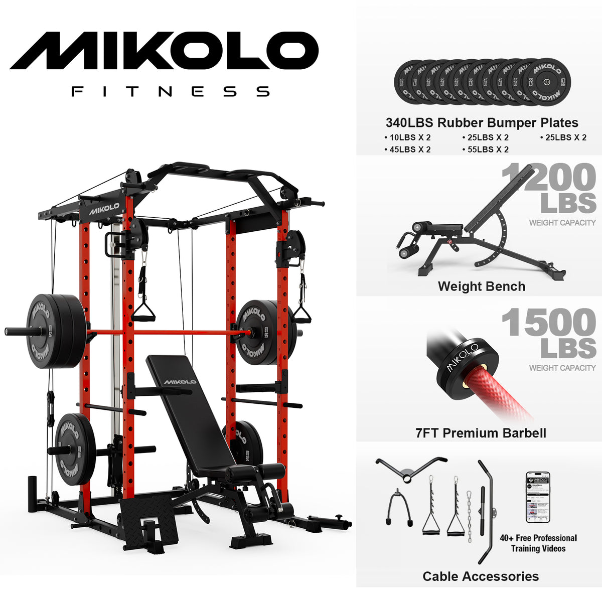 Mikolo Power Rack Cage, Weight Rack with Cable Crossover Machine,Multi-Function Squat Rack with J Hooks,Dip Bars and Landmine for Home Gym Red
