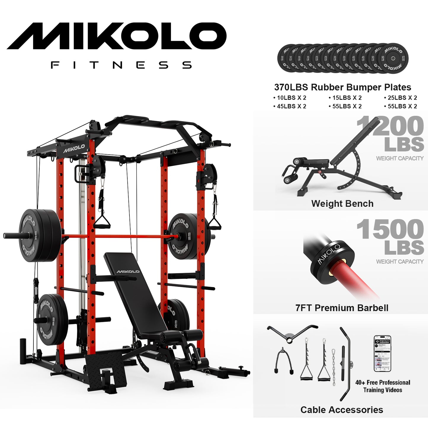 Mikolo Power Rack Cage, Weight Rack with Cable Crossover Machine,Multi-Function Squat Rack with J Hooks,Dip Bars and Landmine for Home Gym Red