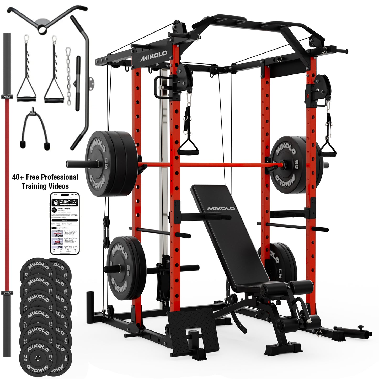 Mikolo Power Rack Cage, 1500LBS Weight Cage with 800LB Capacity Adjustable Weight Bench, 1500LB Capacity Barbell and 230LB Weight Plate set Red