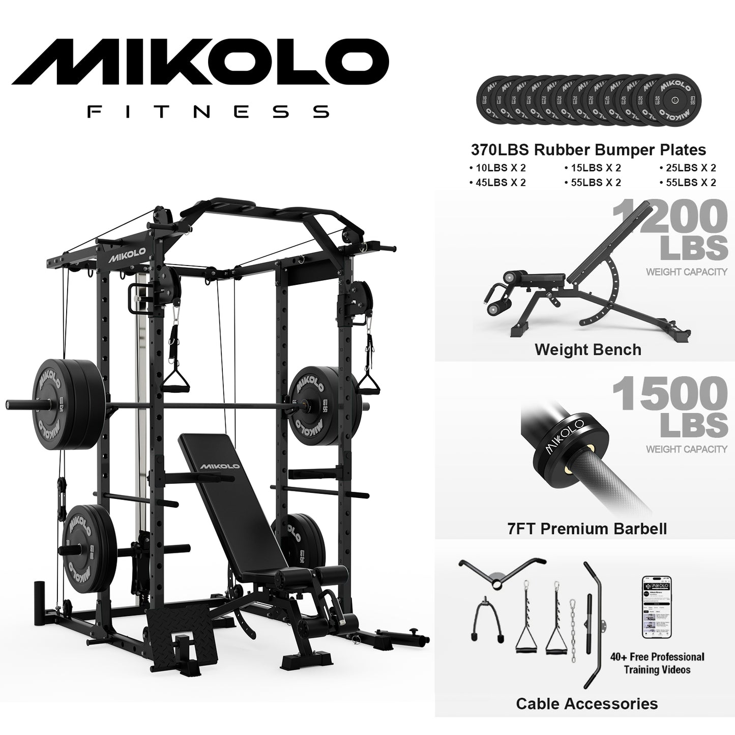 Mikolo Power Rack Cage, Weight Rack with Cable Crossover Machine,Multi-Function Squat Rack with J Hooks,Dip Bars and Landmine for Home Gym Red