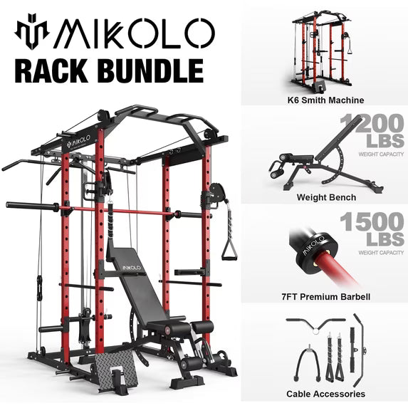 Mikolo Power Rack Cage, Weight Rack with Cable Crossover Machine,Multi-Function Squat Rack with J Hooks,Dip Bars and Landmine for Home Gym Red
