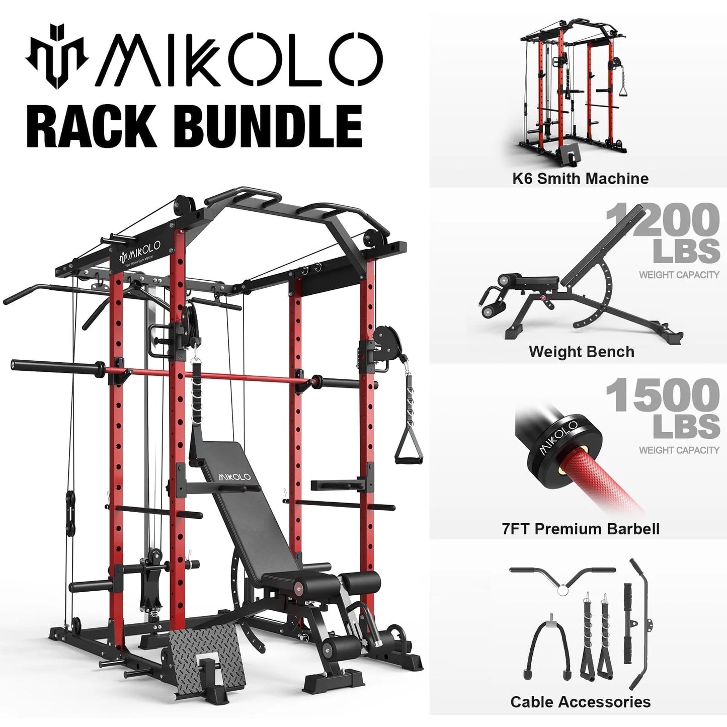 Mikolo Power Rack Cage, Weight Rack with Cable Crossover Machine,Multi-Function Squat Rack with J Hooks,Dip Bars and Landmine for Home Gym Red