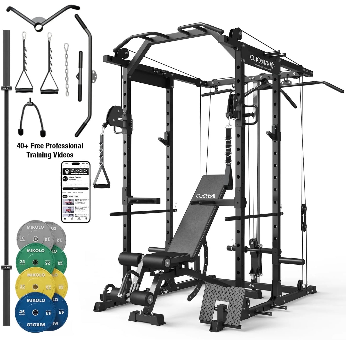 Mikolo Power Rack Cage, Weight Rack with Cable Crossover Machine,Multi-Function Squat Rack with J Hooks,Dip Bars and Landmine for Home Gym Red