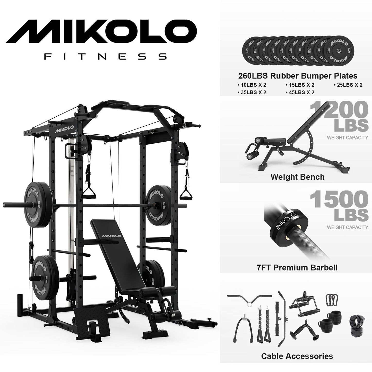 Mikolo Power Rack Cage, Weight Rack with Cable Crossover Machine,Multi-Function Squat Rack with J Hooks,Dip Bars and Landmine for Home Gym Red