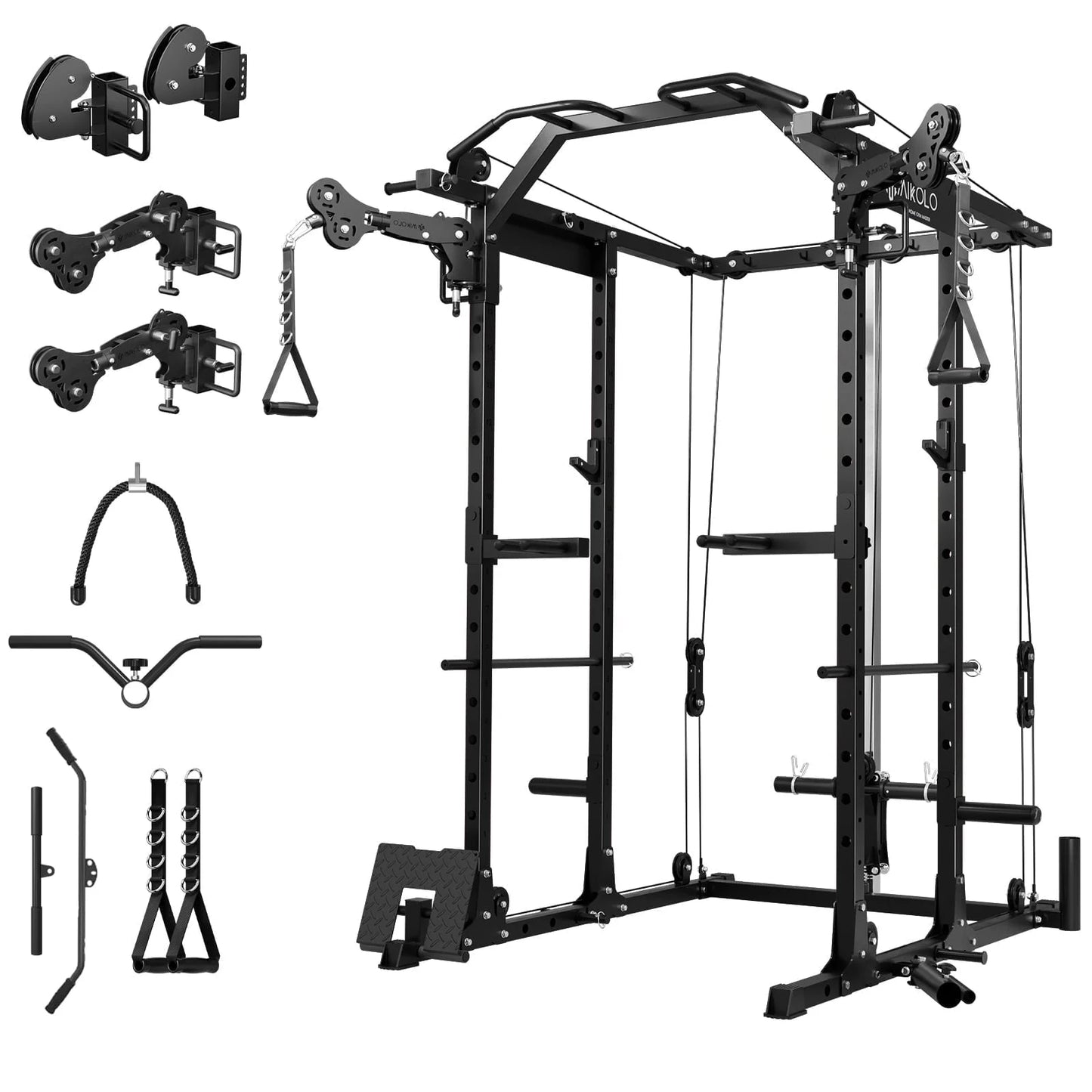 Mikolo Power Rack Cage, Weight Rack with Cable Crossover Machine,Multi-Function Squat Rack with J Hooks,Dip Bars and Landmine for Home Gym Red