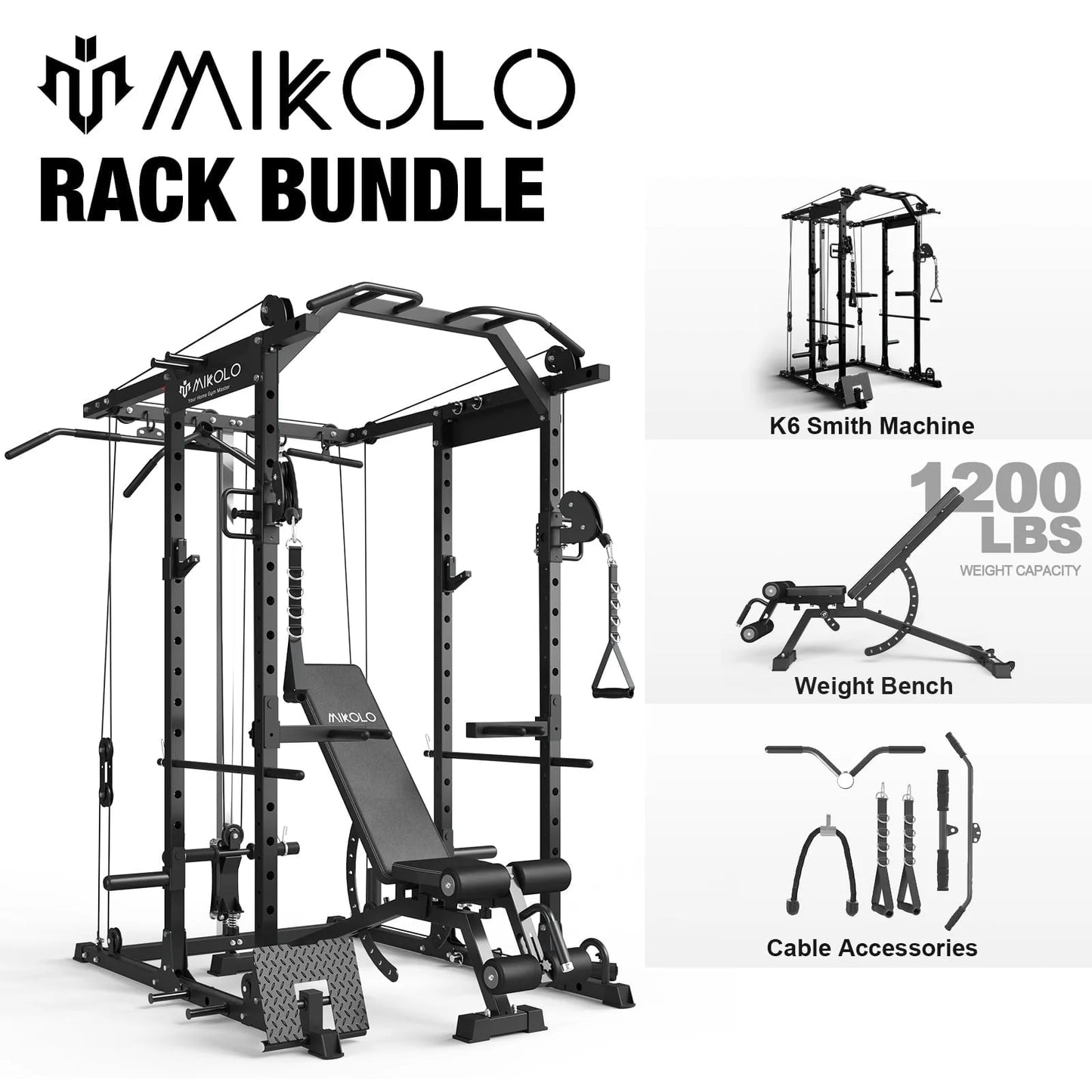 Mikolo Power Rack Cage, Weight Rack with Cable Crossover Machine,Multi-Function Squat Rack with J Hooks,Dip Bars and Landmine for Home Gym Red