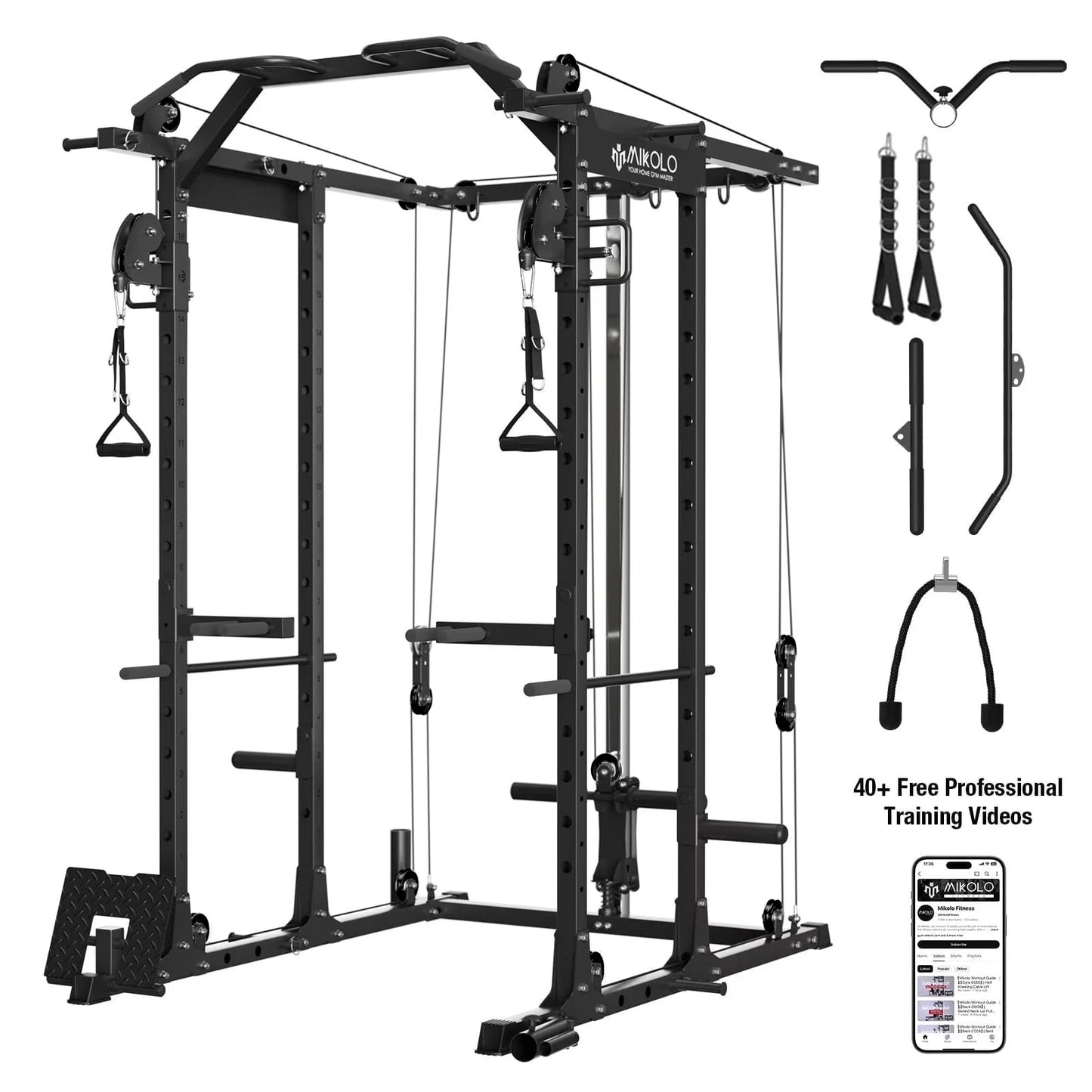 Mikolo Power Rack Cage, Weight Rack with Cable Crossover Machine,Multi-Function Squat Rack with J Hooks,Dip Bars and Landmine for Home Gym Red