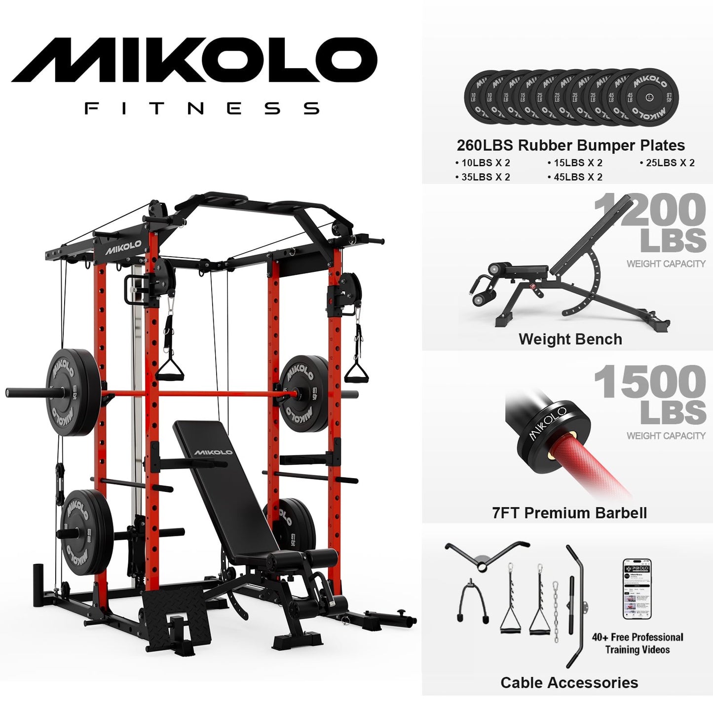 Mikolo Power Rack Cage, Weight Rack with Cable Crossover Machine,Multi-Function Squat Rack with J Hooks,Dip Bars and Landmine for Home Gym Red