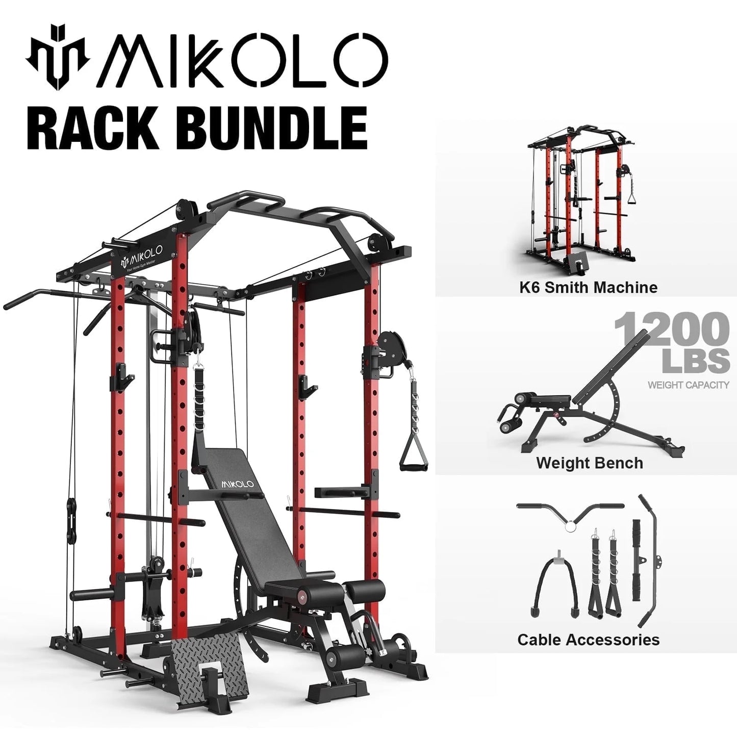Mikolo Power Rack Cage, Weight Rack with Cable Crossover Machine,Multi-Function Squat Rack with J Hooks,Dip Bars and Landmine for Home Gym Red