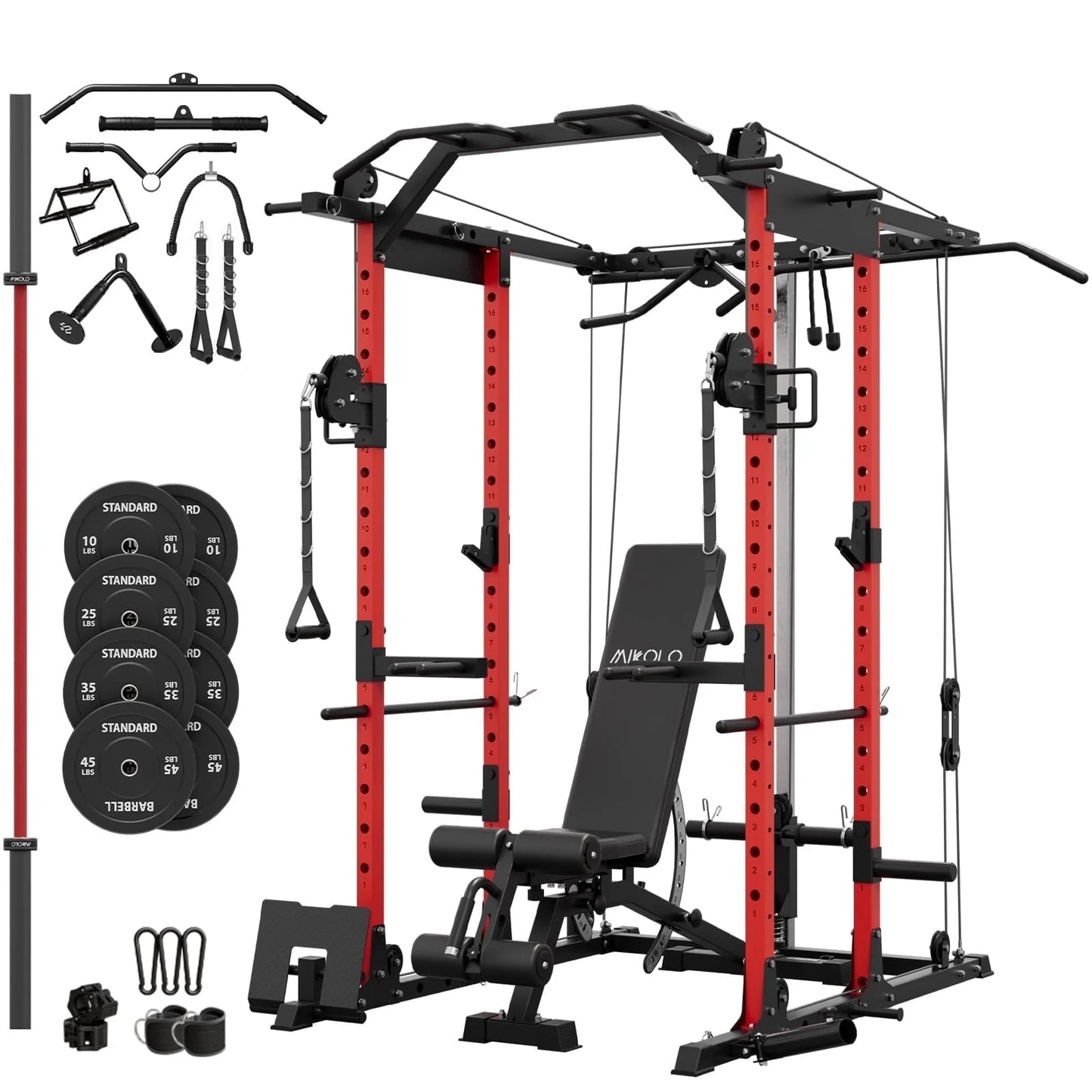 Mikolo Power Rack Cage, Weight Rack with Cable Crossover Machine,Multi-Function Squat Rack with J Hooks,Dip Bars and Landmine for Home Gym Red