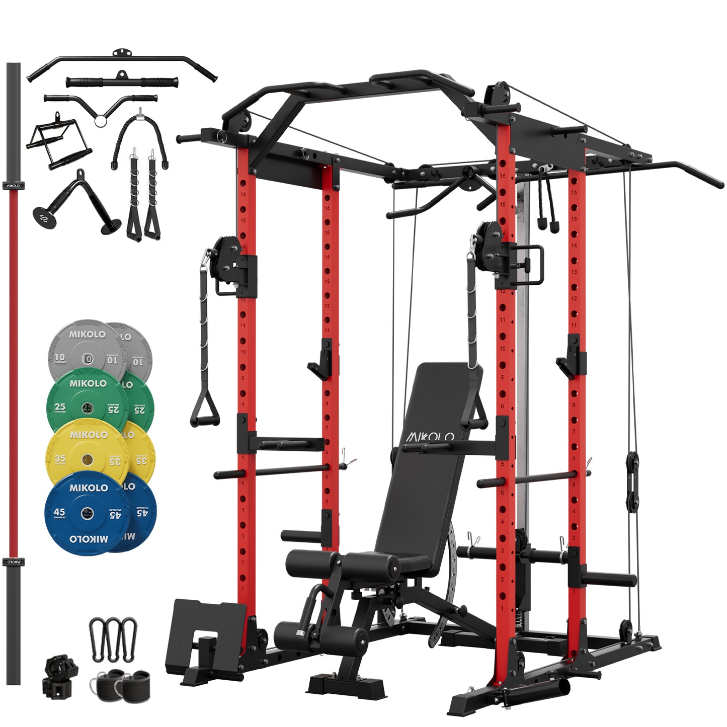 Mikolo Power Cage, Squat Rack with Dual Pulley Cable Crossover System, Multifunction Free Weight Home Gym Workout Machine with Attachments 230LB Plates