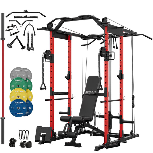 Mikolo Power Cage, Squat Rack with Dual Pulley Cable Crossover System, Multifunction Free Weight Home Gym Workout Machine with Attachments 230LB Plates