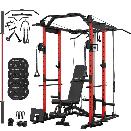 Mikolo Power Rack Cage, 1500LBS Weight Cage with 800LB Capacity Adjustable Weight Bench, 1500LB Capacity Barbell and 230LB Weight Plate set(R230B)
