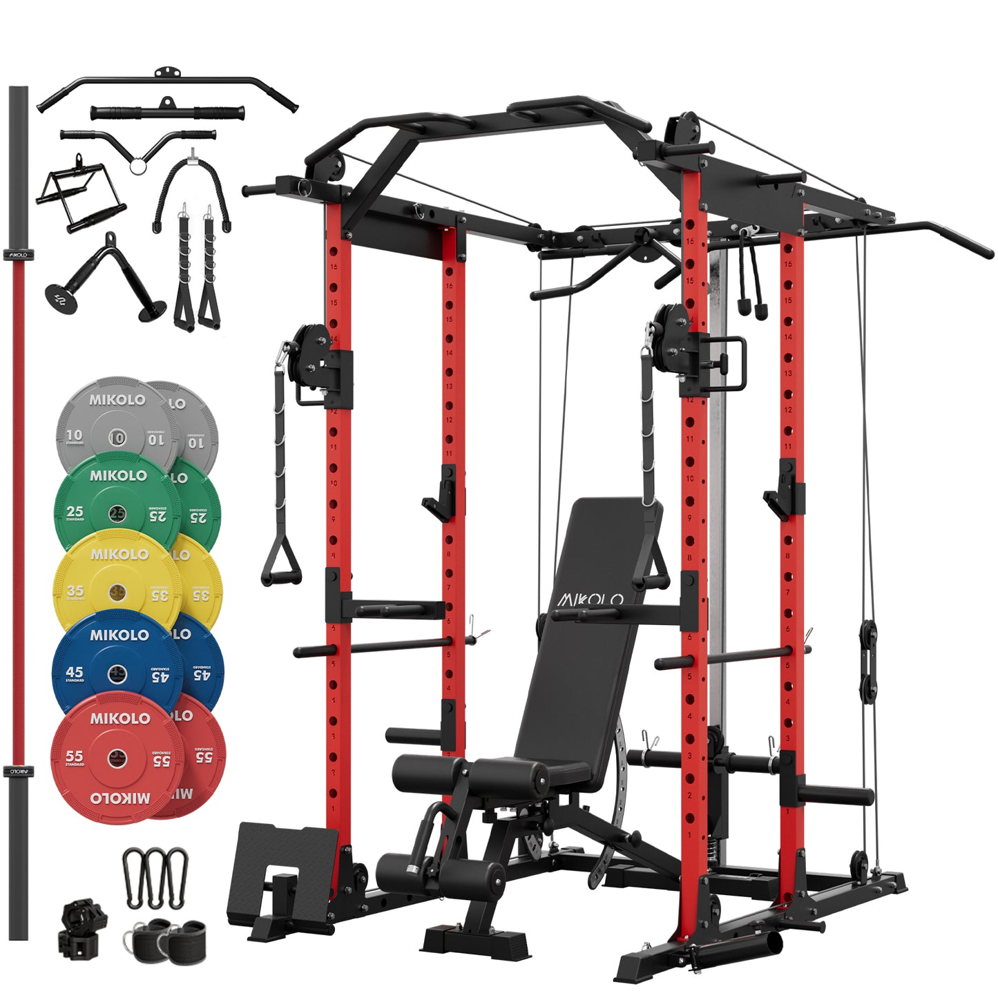 Mikolo Power Rack Cage, Weight Cage with 800LB Capacity Adjustable Weight Bench, 1500LB Capacity Barbell and 340LB Weight Plate set Combo, Home Gym Package(R340)