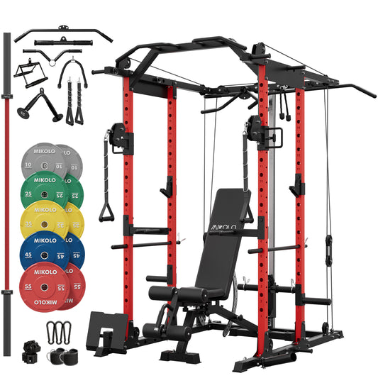 Mikolo Power Rack Cage, Weight Cage with 800LB Capacity Adjustable Weight Bench, 1500LB Capacity Barbell and 340LB Weight Plate set Combo, Home Gym Package(R340)