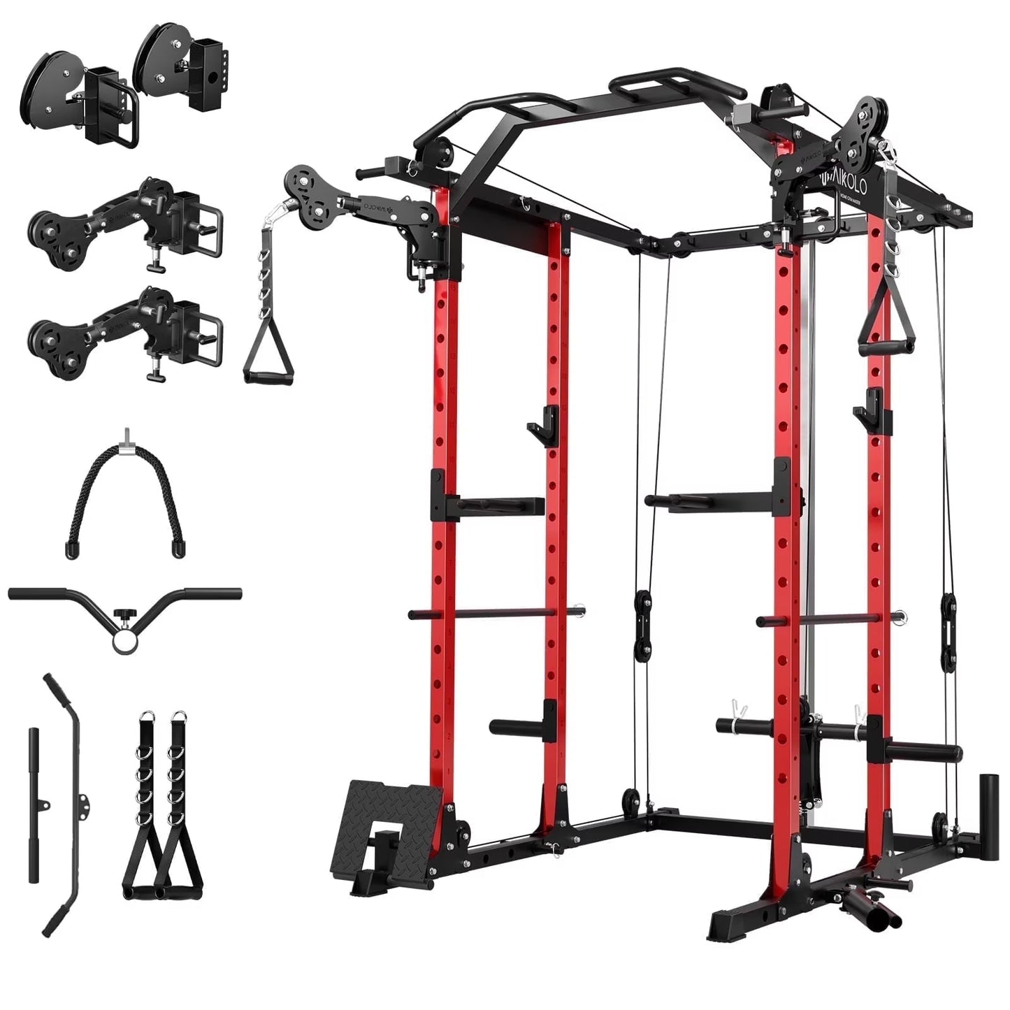 Mikolo Power Rack Cage, Weight Rack with Cable Crossover Machine,Multi-Function Squat Rack with J Hooks,Dip Bars and Landmine for Home Gym Red