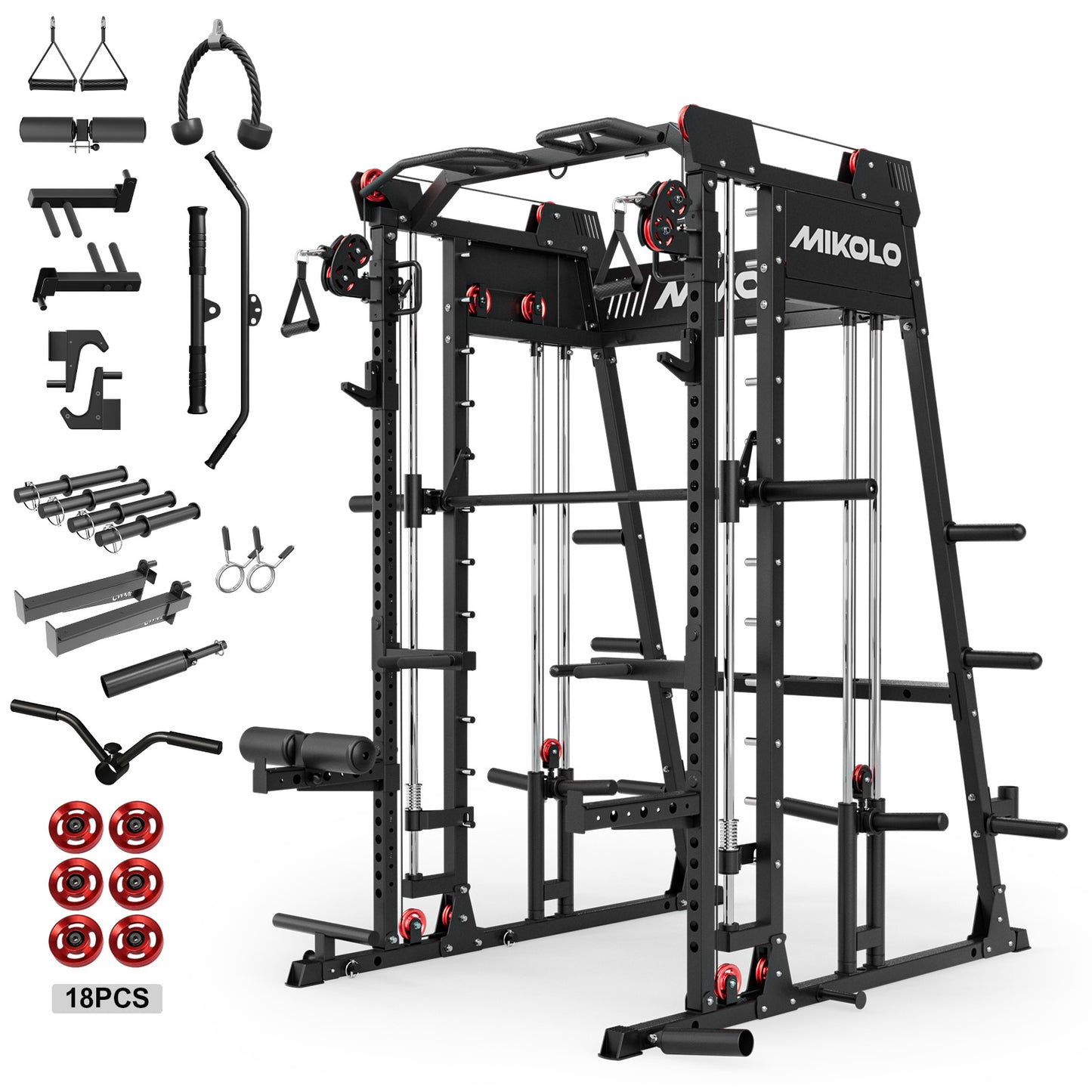 Mikolo M4 2.0 Smith Machine, 2200lbs Squat Rack with LAT-Pull Down System & Cable Crossover Machine, Training Equipment with Leg Hold-Down Attachment