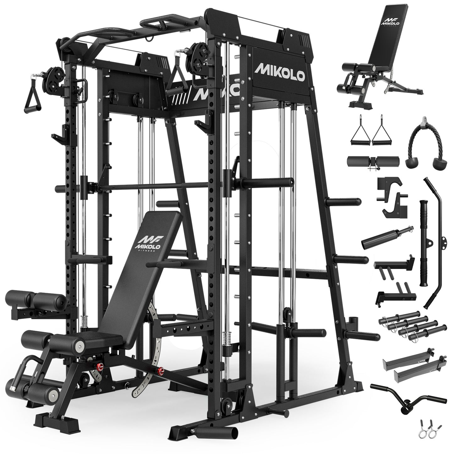 Mikolo M4 2.0 Smith Machine, 2200lbs Squat Rack with LAT-Pull Down System & Cable Crossover Machine, Training Equipment with Leg Hold-Down Attachment