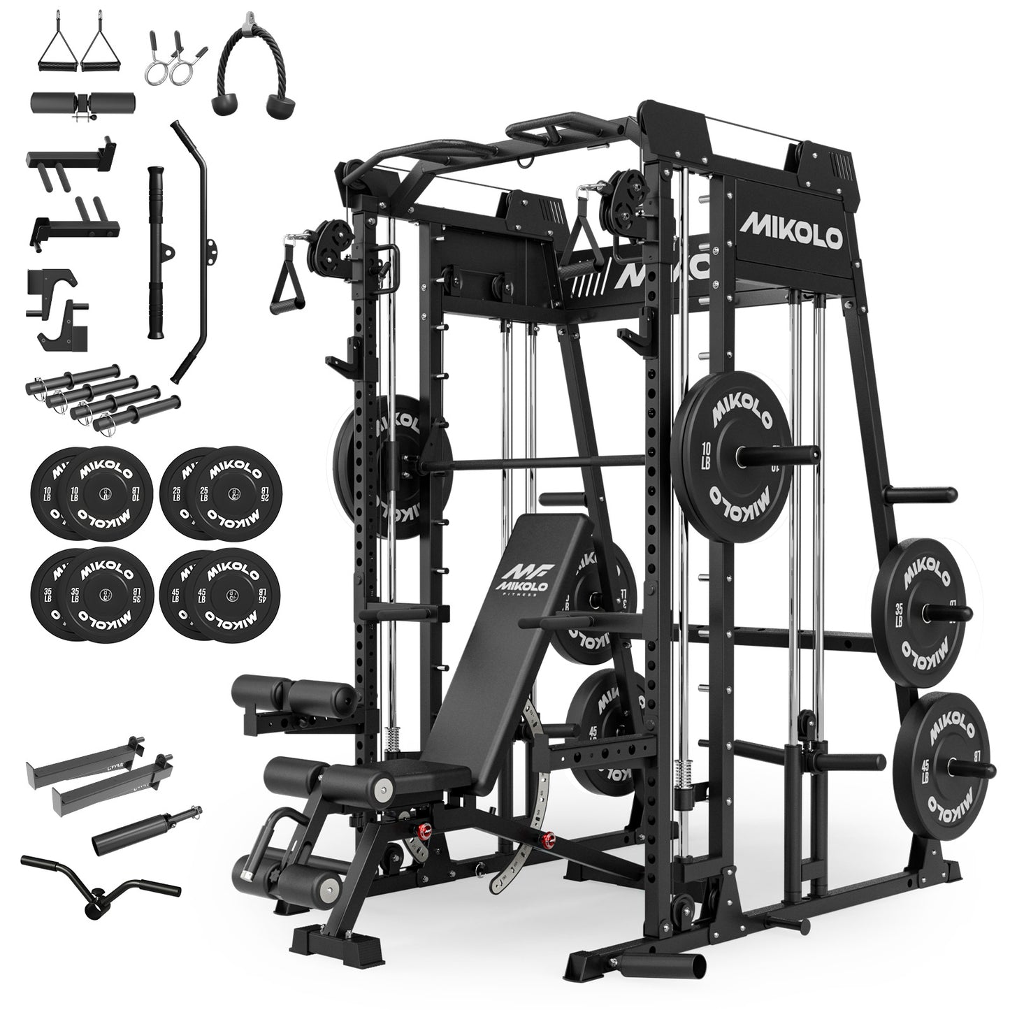 Mikolo M4 2.0 Smith Machine, 2200lbs Squat Rack with LAT-Pull Down System & Cable Crossover Machine, Training Equipment with Leg Hold-Down Attachment