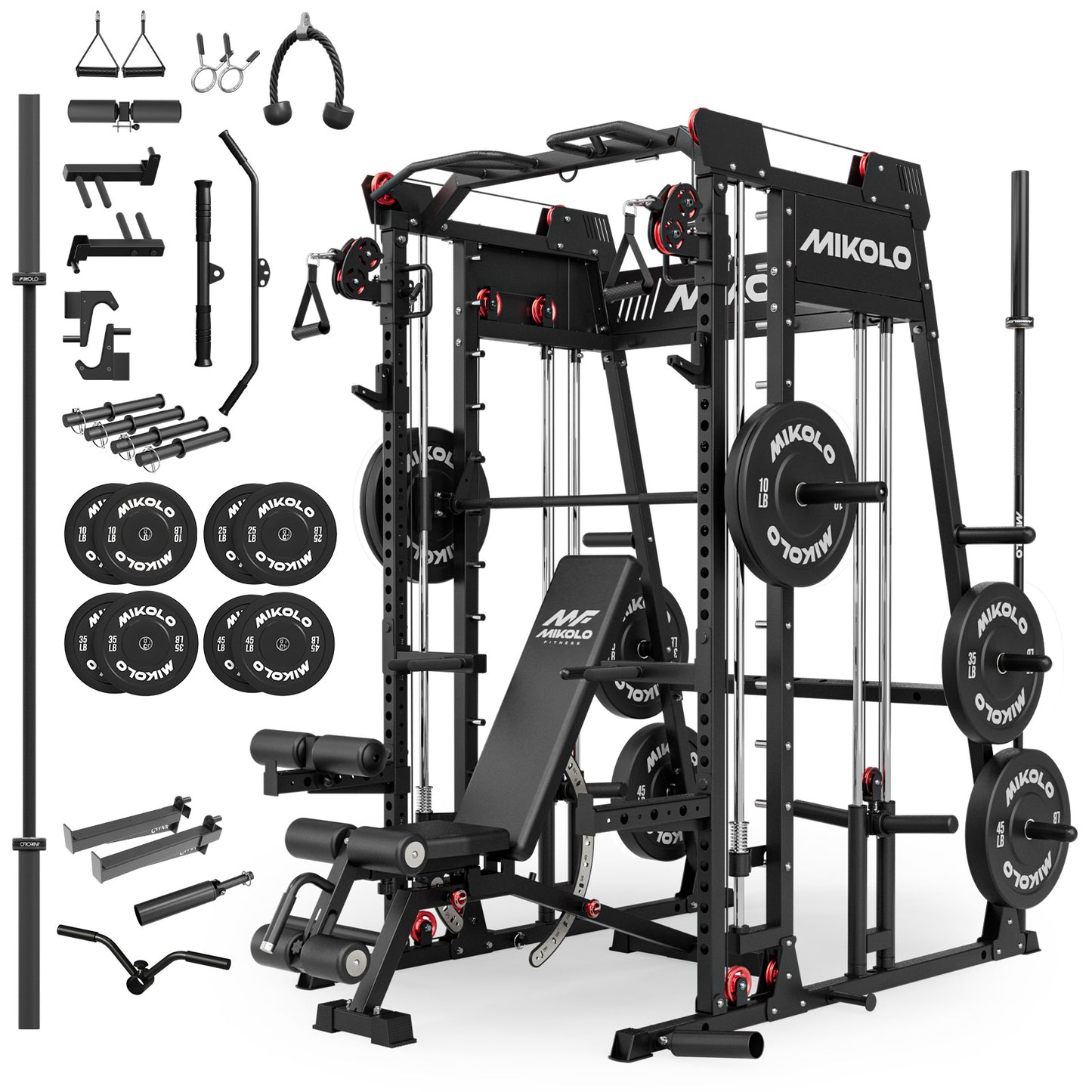 Mikolo M4 2.0 Smith Machine, 2200lbs Squat Rack with LAT-Pull Down System & Cable Crossover Machine, Training Equipment with Leg Hold-Down Attachment