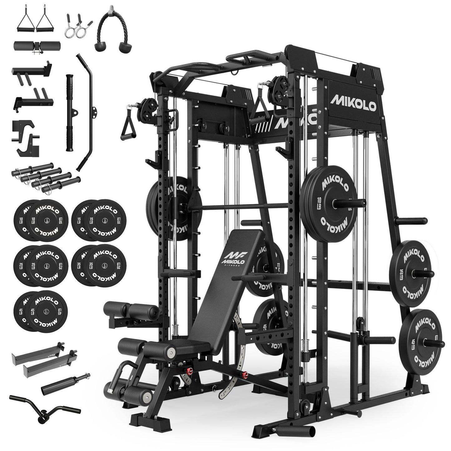 Mikolo M4 2.0 Smith Machine, 2200lbs Squat Rack with LAT-Pull Down System & Cable Crossover Machine, Training Equipment with Leg Hold-Down Attachment