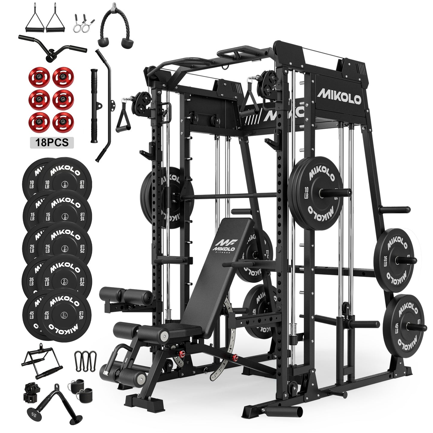 Mikolo M4 2.0 Smith Machine, 2200lbs Squat Rack with LAT-Pull Down System & Cable Crossover Machine, Training Equipment with Leg Hold-Down Attachment