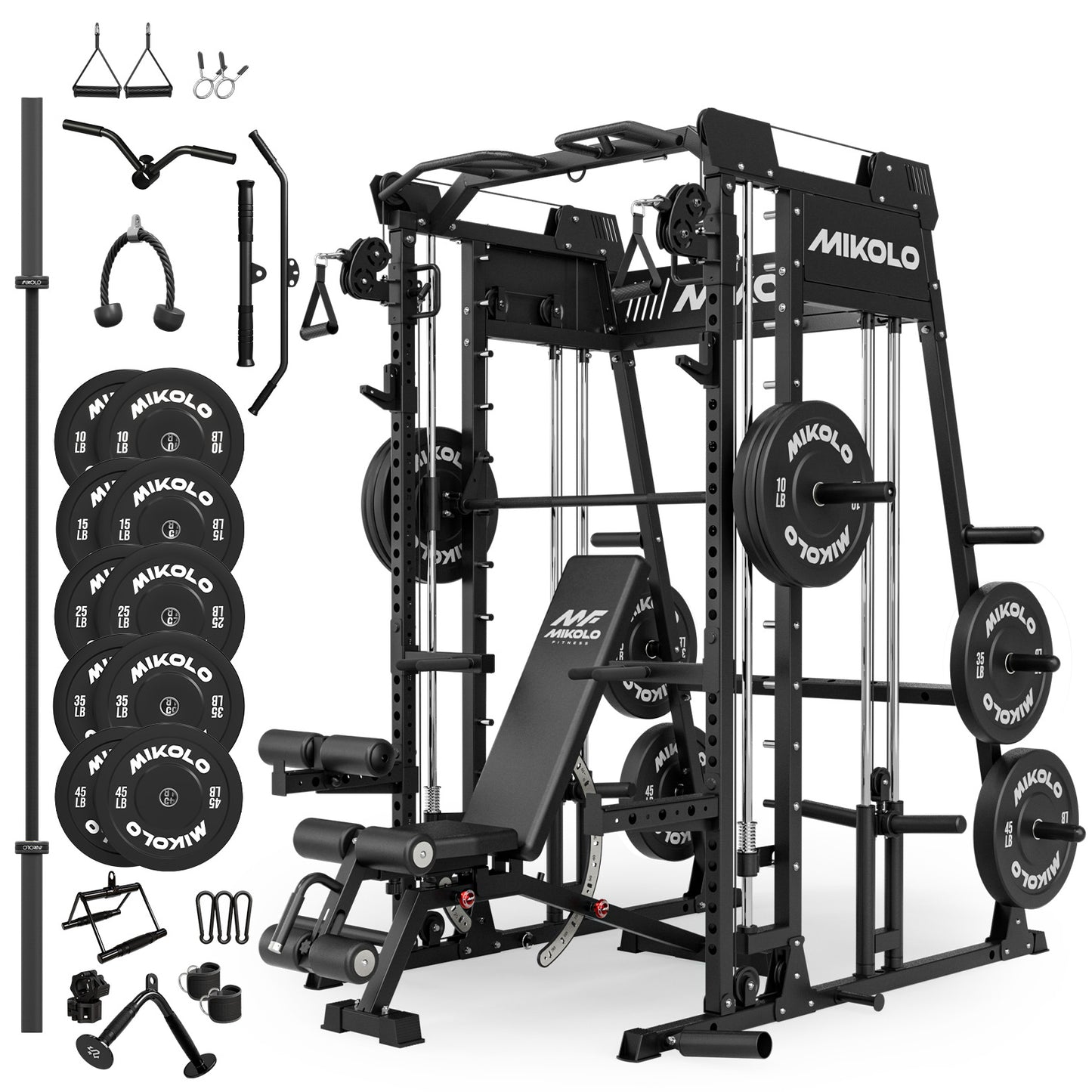 Mikolo M4 2.0 Smith Machine, 2200lbs Squat Rack with LAT-Pull Down System & Cable Crossover Machine, Training Equipment with Leg Hold-Down Attachment