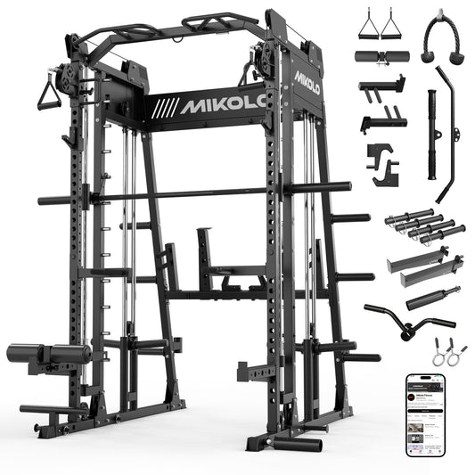 Mikolo M4 2.0 Smith Machine, 2200lbs Squat Rack with LAT-Pull Down System & Cable Crossover Machine, Training Equipment with Leg Hold-Down Attachment
