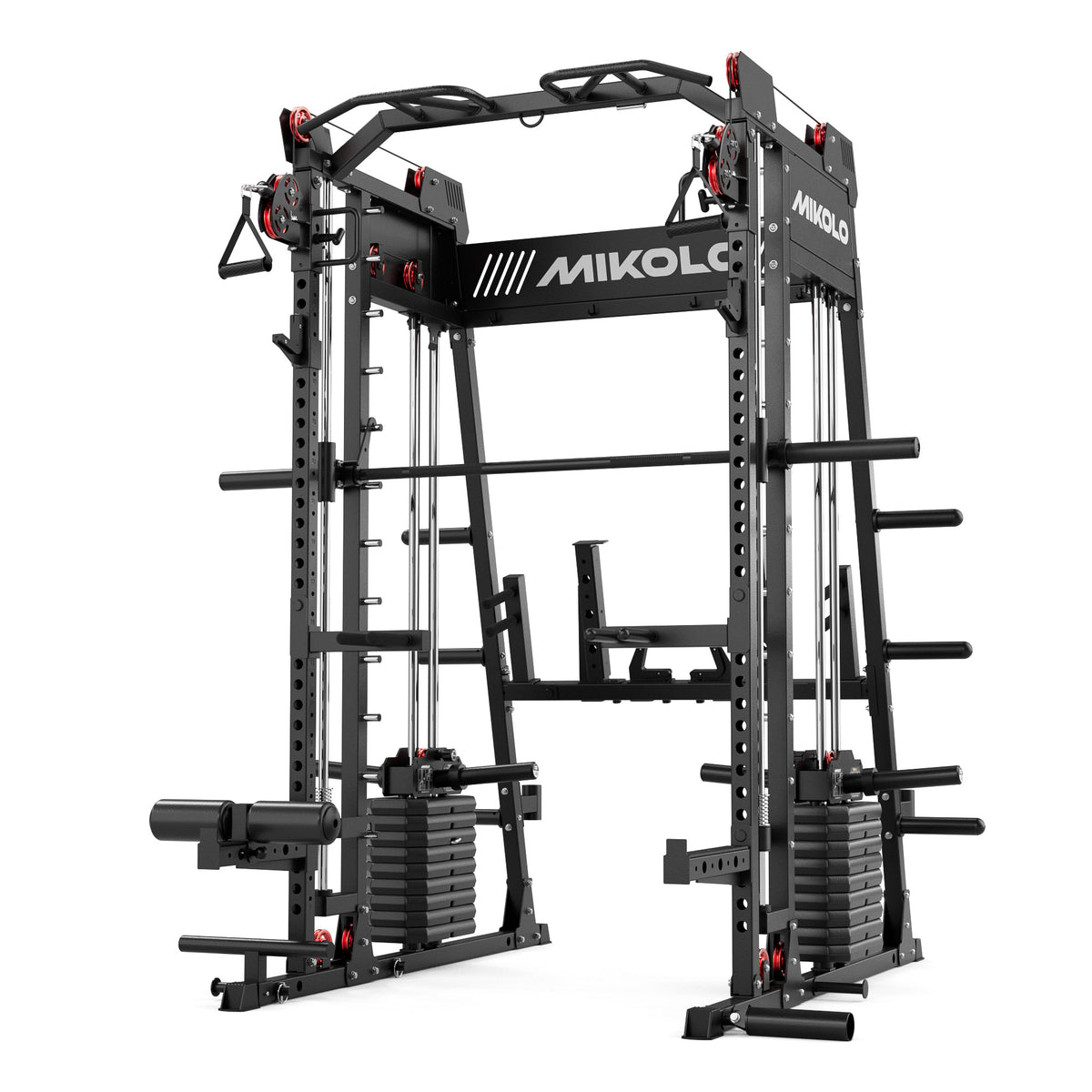 Mikolo M11 Elite Smith Machine Home Gym,2200 lbs Power Rack Cage with Dual 130LBS Weight Stacks, Functional Trainer , 18PCS Aluminum Pulleys and Other Attachments for Home Gym