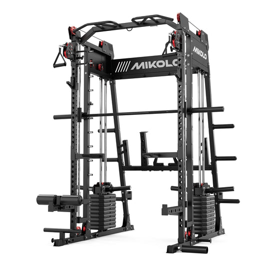 Mikolo M11 Elite Smith Machine Home Gym,2200 lbs Power Rack Cage with Dual 130LBS Weight Stacks, Functional Trainer , 18PCS Aluminum Pulleys and Other Attachments for Home Gym