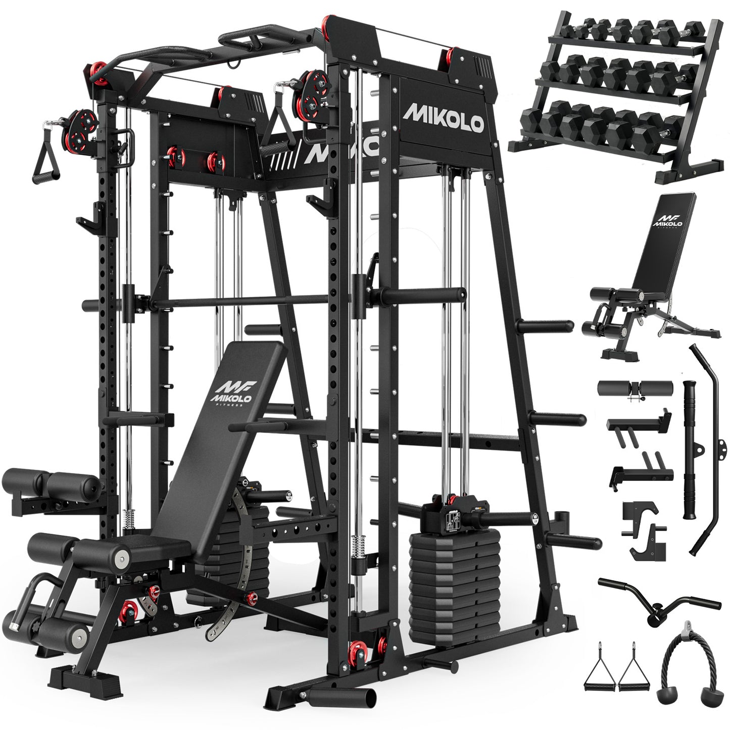 Mikolo M4 2.0 Smith Machine, 2200lbs Squat Rack with LAT-Pull Down System & Cable Crossover Machine, Training Equipment with Leg Hold-Down Attachment