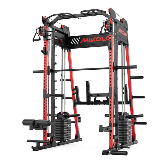 Mikolo M11 Elite Smith Machine Home Gym,2200 lbs Power Rack Cage with Dual 130LBS Weight Stacks, Functional Trainer , 18PCS Aluminum Pulleys and Other Attachments for Home Gym