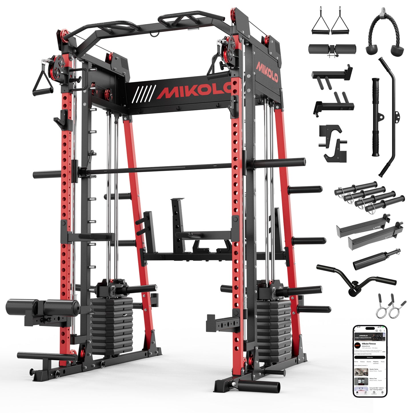 Mikolo M4 2.0 Smith Machine, 2200lbs Squat Rack with LAT-Pull Down System & Cable Crossover Machine, Training Equipment with Leg Hold-Down Attachment