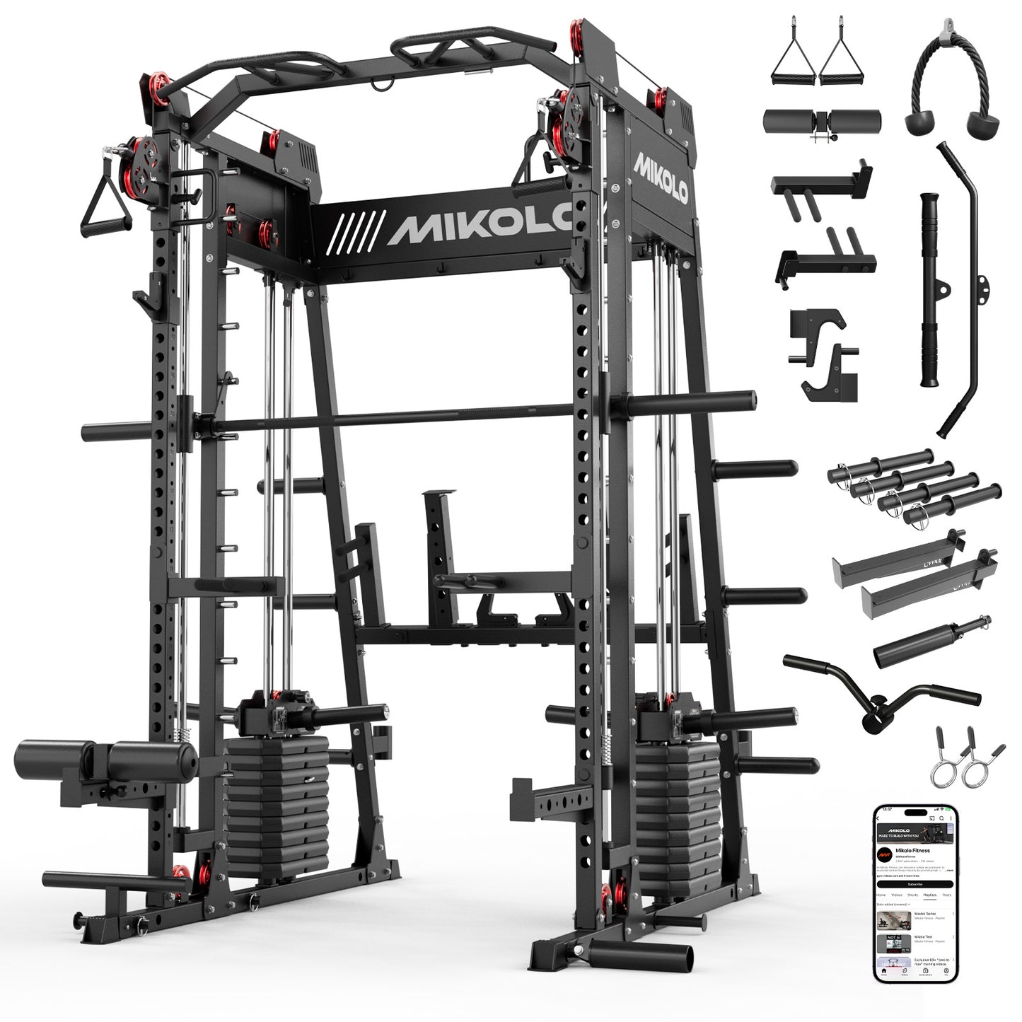 Mikolo M11 Elite Smith Machine Home Gym,2200 lbs Power Rack Cage with Dual 130LBS Weight Stacks, Functional Trainer , 18PCS Aluminum Pulleys and Other Attachments for Home Gym