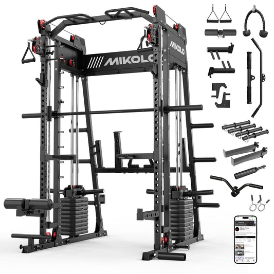 Mikolo M11 Elite Smith Machine Home Gym,2200 lbs Power Rack Cage with Dual 130LBS Weight Stacks, Functional Trainer , 18PCS Aluminum Pulleys and Other Attachments for Home Gym