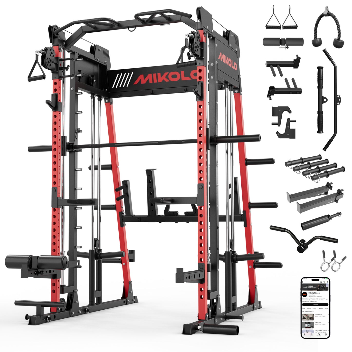 Mikolo Smith Machine Home Gym, 2200 lbs Power Rack Cage with Cable Crossover, Power Rack with 1200LB Capacity Adjustable Weight Bench and 340 lbs Weight Plate, Total Body Strength Training Equipment