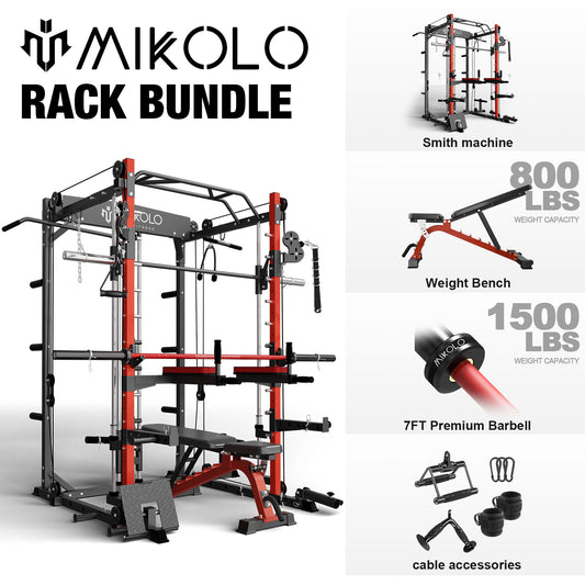 Smith Machine, 2000 lbs Weight Rack with Cable Crossover Machine,Multi-Function Squat Rack with J Hooks,Dip Bars and Landmine for Home Gym (Red)