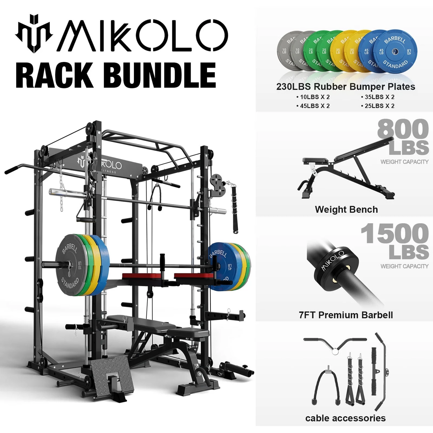 Mikolo Smith Machine Home Gym, 2000 lbs Power Rack Cage with Cable Crossover, Smith Cage with 800LB Capacity Adjustable Weight Bench and 230 lbs Weight Plate, Total Body Strength Training Cage