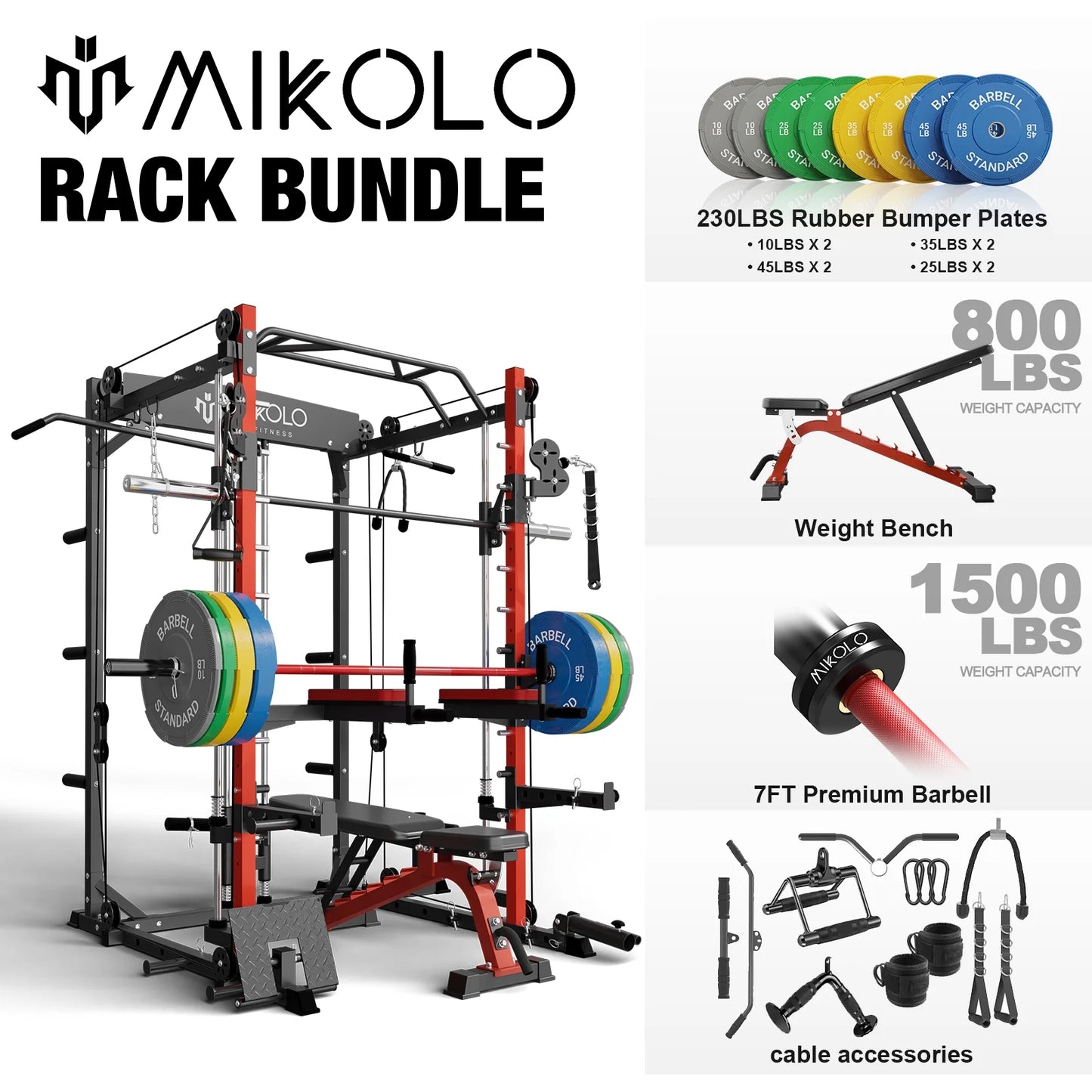 Mikolo Smith Machine Home Gym, 2000 lbs Power Rack Cage with Cable Crossover, Smith Cage with 800LB Capacity Adjustable Weight Bench and 230 lbs Weight Plate, Total Body Strength Training Cage