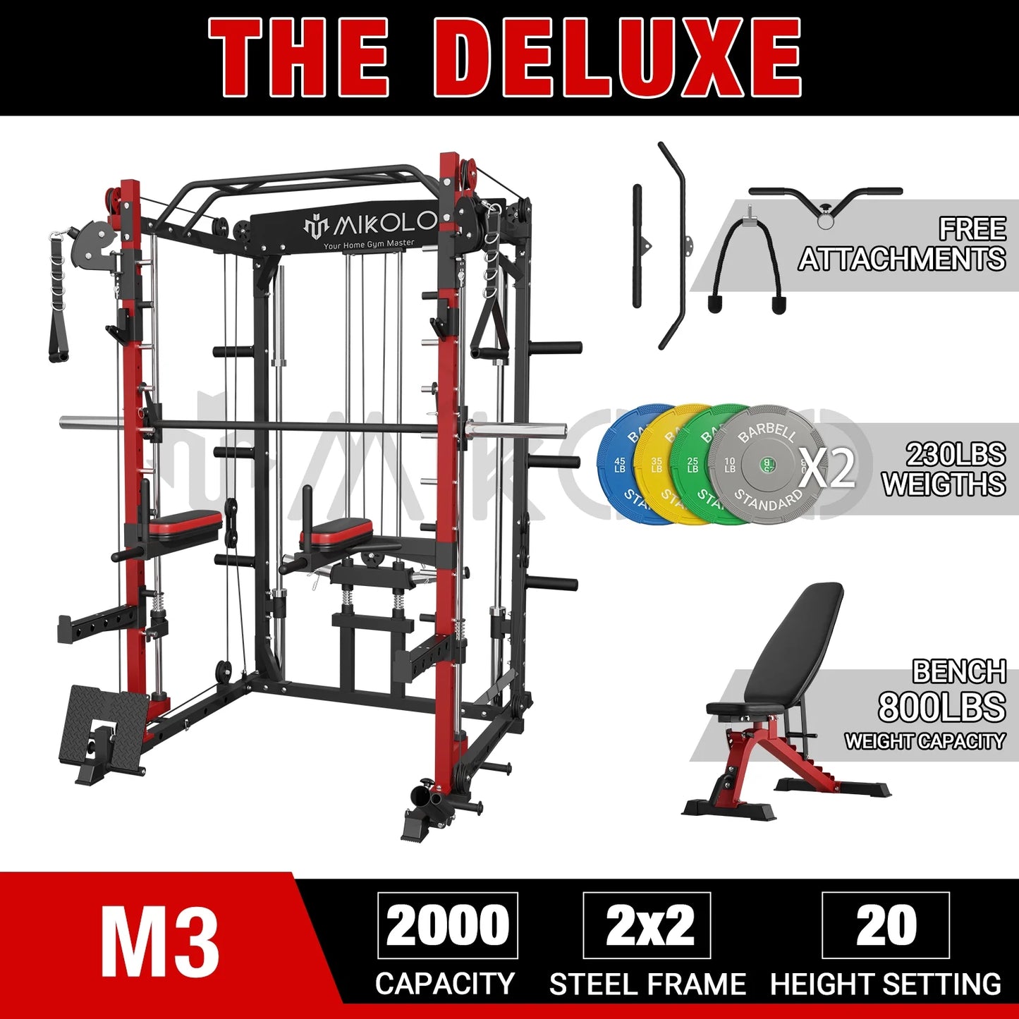 Smith Machine, 2000 lbs Weight Rack with Cable Crossover Machine,Multi-Function Squat Rack with J Hooks,Dip Bars and Landmine for Home Gym (Red)