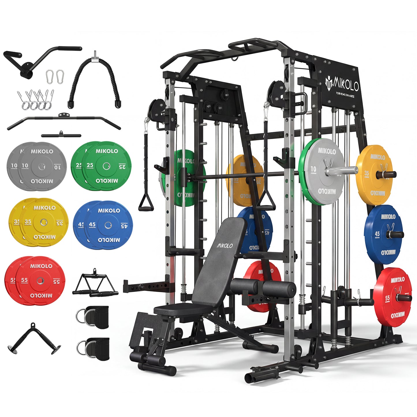 Mikolo M4 Smith Machine Home Gym, 2200 lbs Power Rack Cage with Cable Crossover, Weight Bar, 360° Landmine, Barbell Holders and Other Attachments, Total Body Strength Training Cage