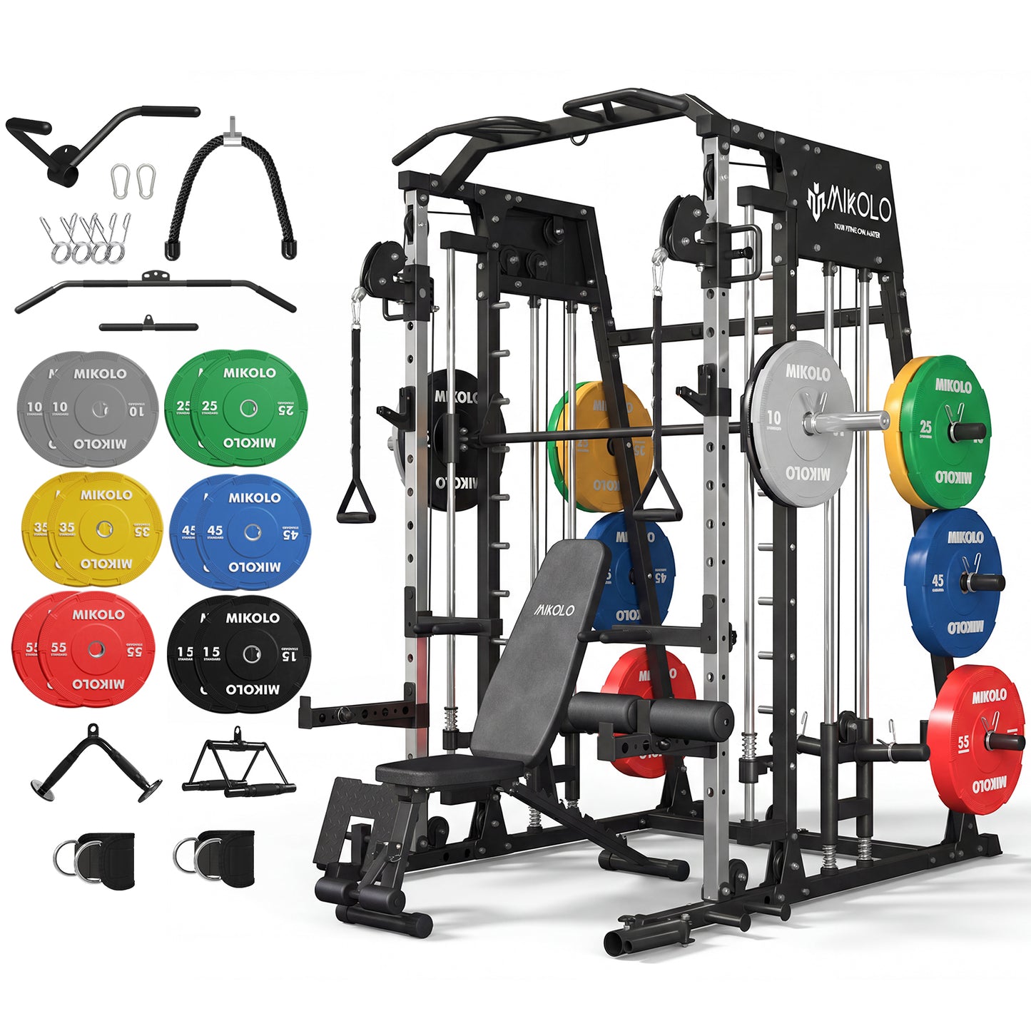 Mikolo M4 Smith Machine Home Gym, 2200 lbs Power Rack Cage with Cable Crossover, Weight Bar, 360° Landmine, Barbell Holders and Other Attachments, Total Body Strength Training Cage