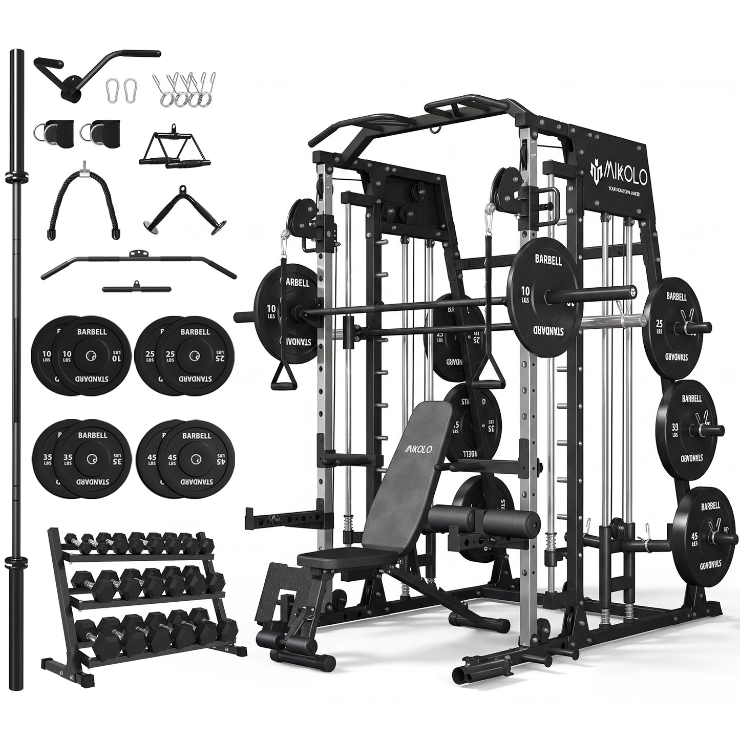 Mikolo M4 Smith Machine Home Gym, 2200 lbs Power Rack Cage with Cable Crossover, Weight Bar, 360° Landmine, Barbell Holders and Other Attachments, Total Body Strength Training Cage