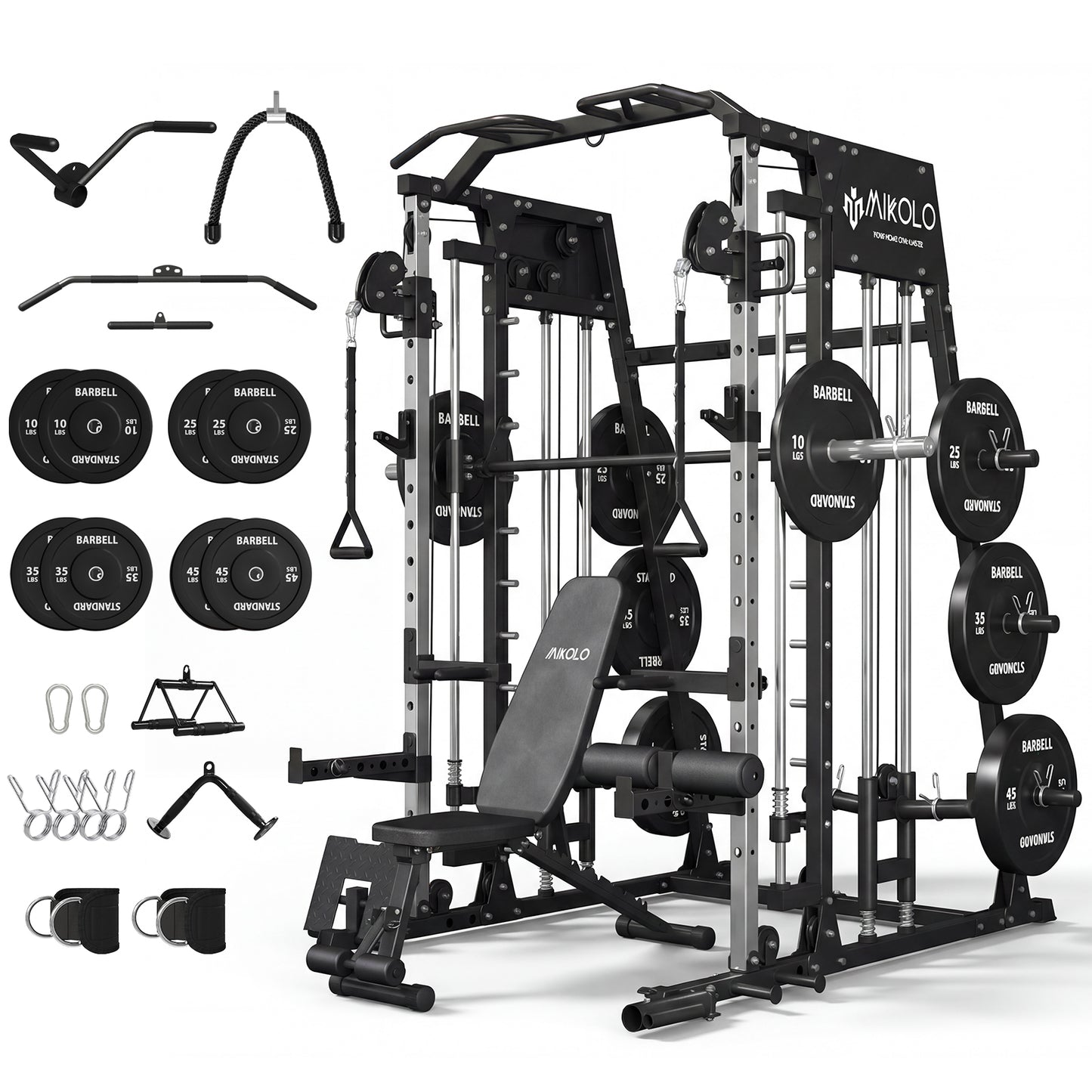 Mikolo M4 Smith Machine Home Gym, 2200 lbs Power Rack Cage with Cable Crossover, Weight Bar, 360° Landmine, Barbell Holders and Other Attachments, Total Body Strength Training Cage