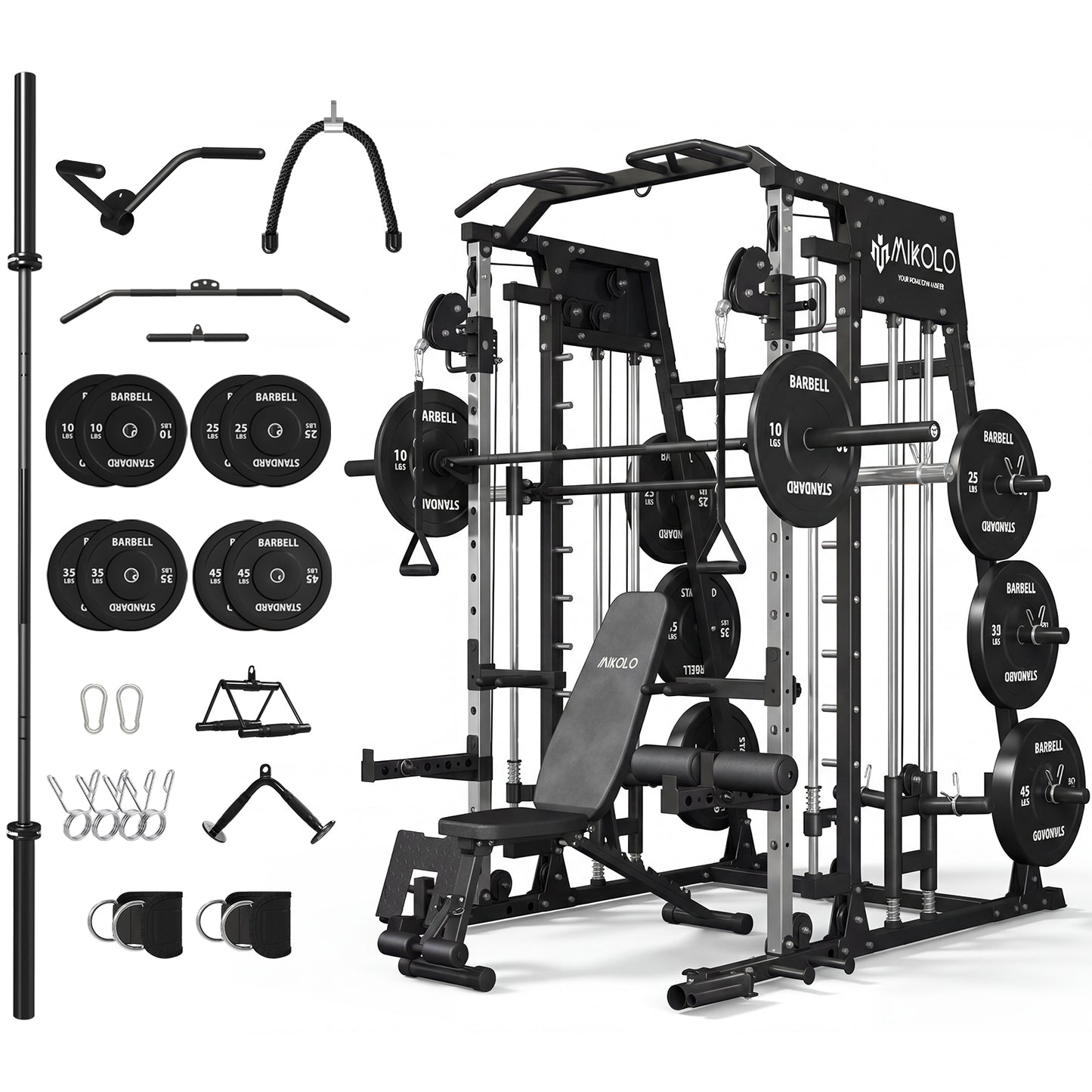 Mikolo M4 Smith Machine Home Gym, 2200 lbs Power Rack Cage with Cable Crossover, Weight Bar, 360° Landmine, Barbell Holders and Other Attachments, Total Body Strength Training Cage