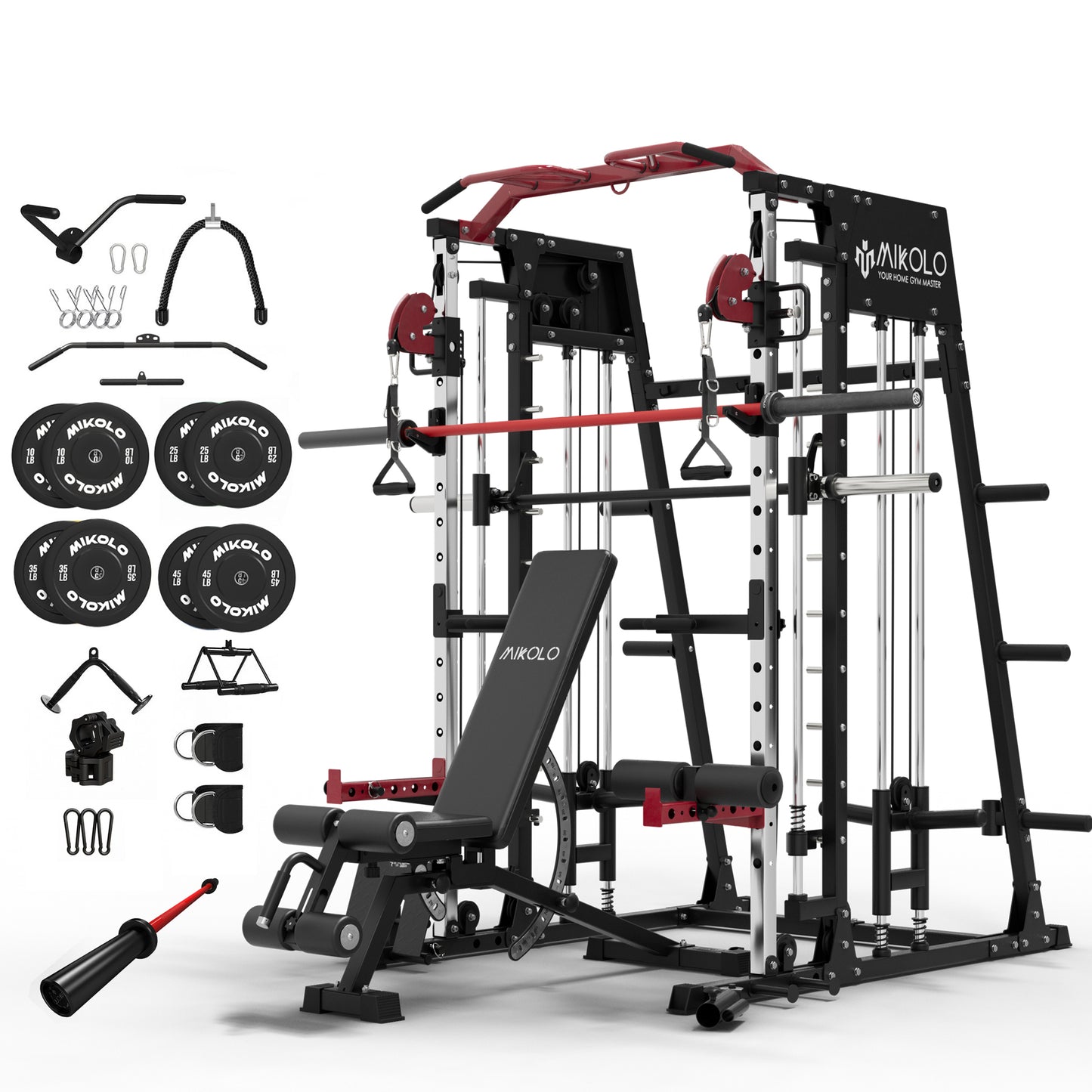 Mikolo Smith Machine Home Gym, 2200 lbs Power Rack Cage with Cable Crossover, Power Rack with 1200LB Capacity Adjustable Weight Bench and 340 lbs Weight Plate, Total Body Strength Training Equipment