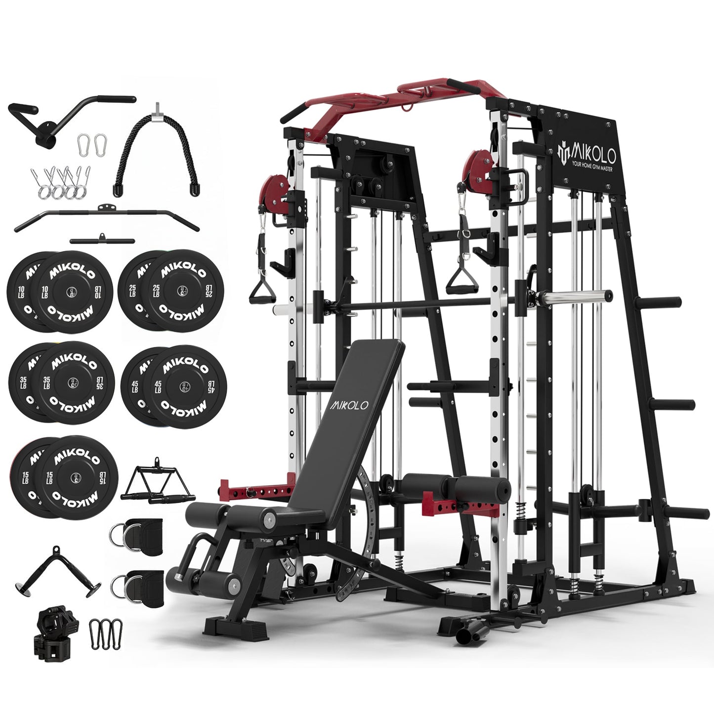 Mikolo Smith Machine Home Gym, 2200 lbs Power Rack Cage with Cable Crossover, Power Rack with 1200LB Capacity Adjustable Weight Bench and 340 lbs Weight Plate, Total Body Strength Training Equipment