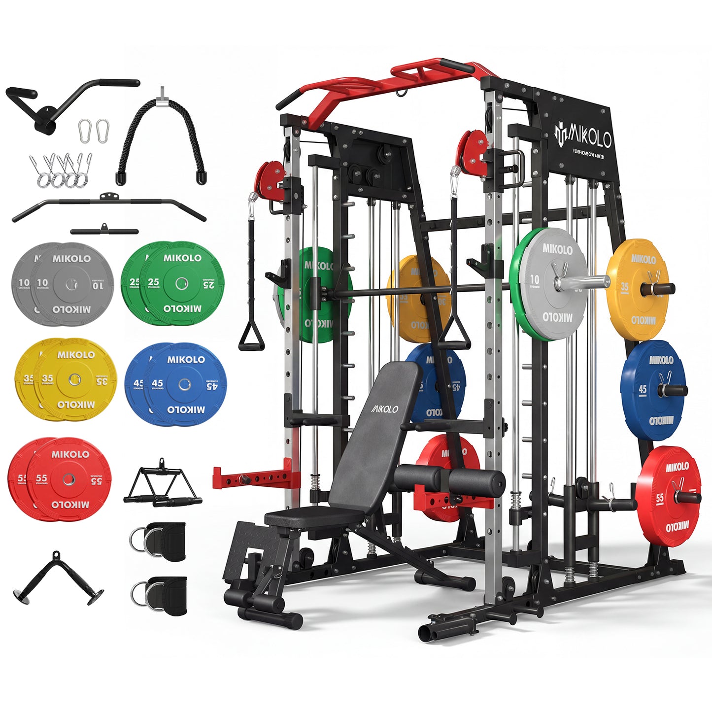 Mikolo M4 Smith Machine Home Gym, 2200 lbs Power Rack Cage with Cable Crossover, Weight Bar, 360° Landmine, Barbell Holders and Other Attachments, Total Body Strength Training Cage