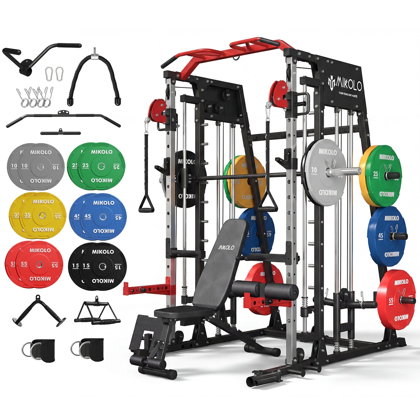 Mikolo M4 Smith Machine Home Gym, 2200 lbs Power Rack Cage with Cable Crossover, Weight Bar, 360° Landmine, Barbell Holders and Other Attachments, Total Body Strength Training Cage